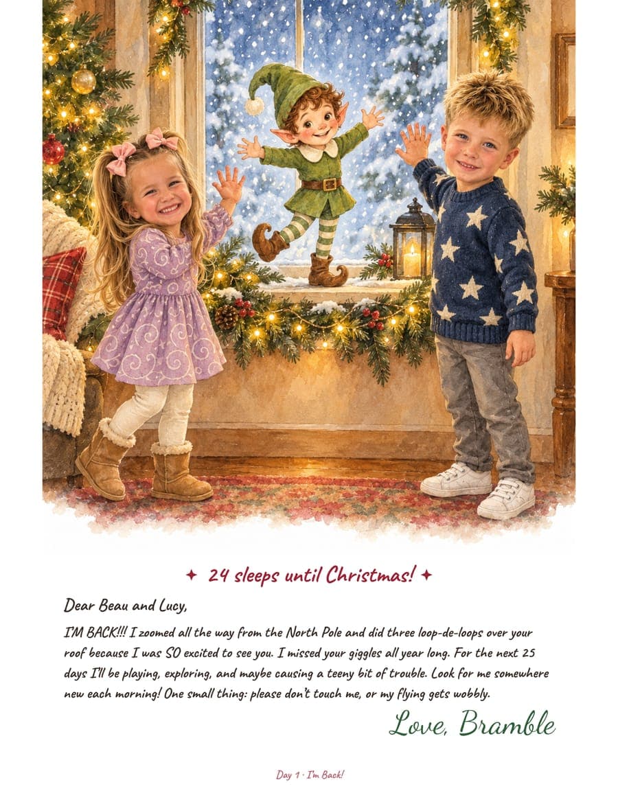 The finished Day 1 letter with Lucy and Beau painted in watercolor, waving to Bramble on the windowsill.