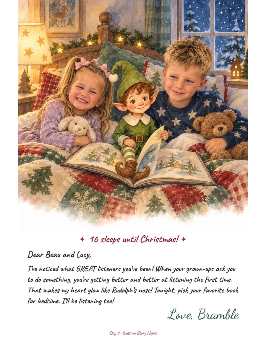 The December 9 letter, Bedtime Story Night, with Beau and Lucy listening to Bramble read.